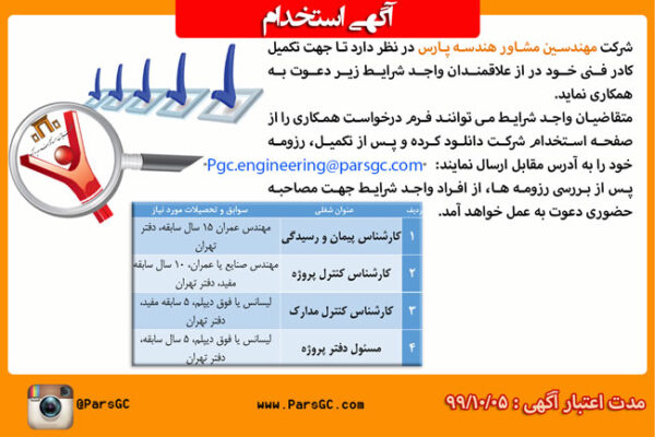 استخدام کارشناس پیمان و رسیدگی، کارشناس کنترل پروژه، کارشناس کنترل مدارک، مسئول دفتر پروژه