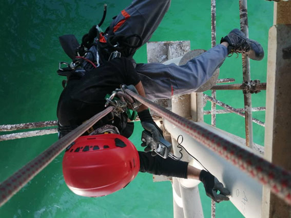 بازرسی از سازه و تجهیزات اسکله در حد فاصل عرشه اسکله تا سطح دریا ، توسط تیم های تخصصی کار در ارتفاع